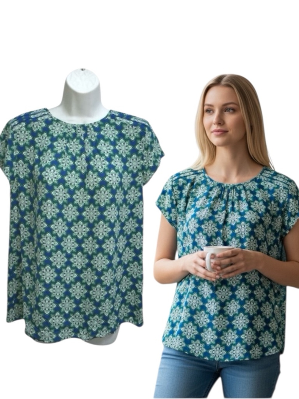 NWT Banana Republic Factory Blue Green Floral Print Top - Women’s Medium